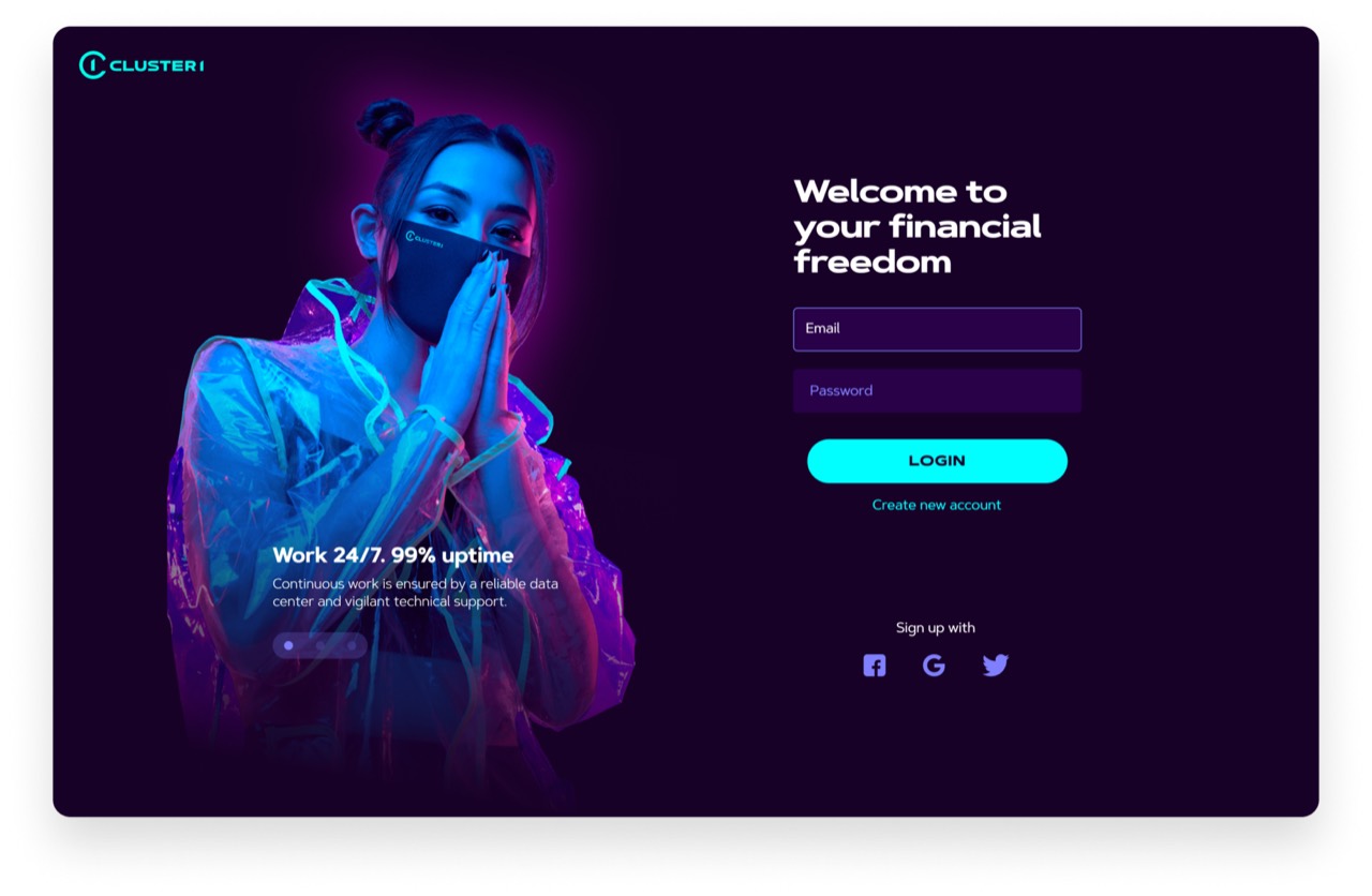 Cluster One desktop welcome screen with sign-in form, product branding, and financial platform positioning.