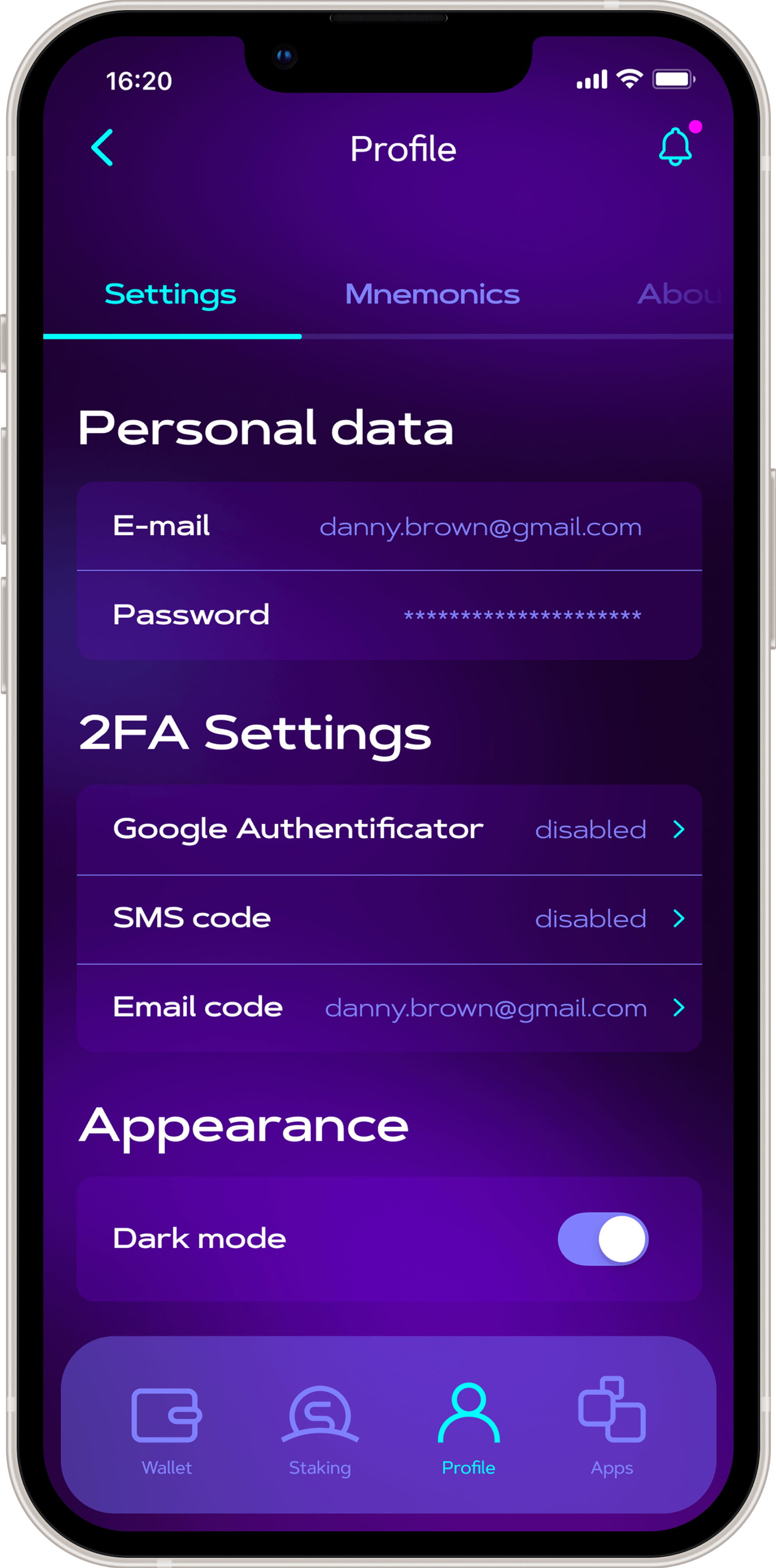 Cluster One security settings screen with profile controls, 2FA methods, and appearance settings.
