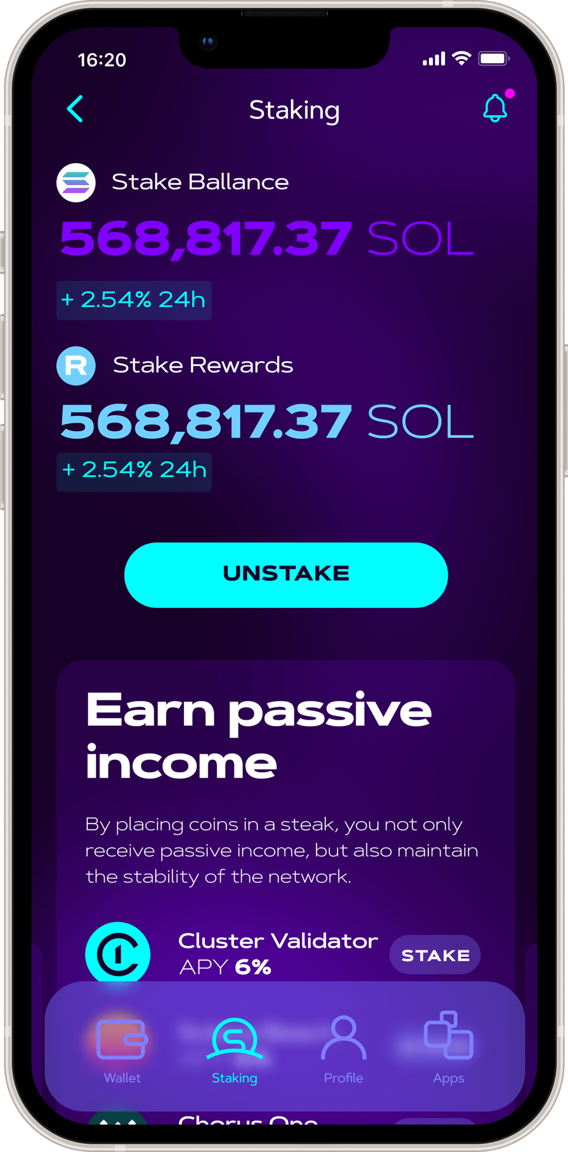 Cluster One staking overview with stake balance, rewards, passive income explanation, and validator entry points.