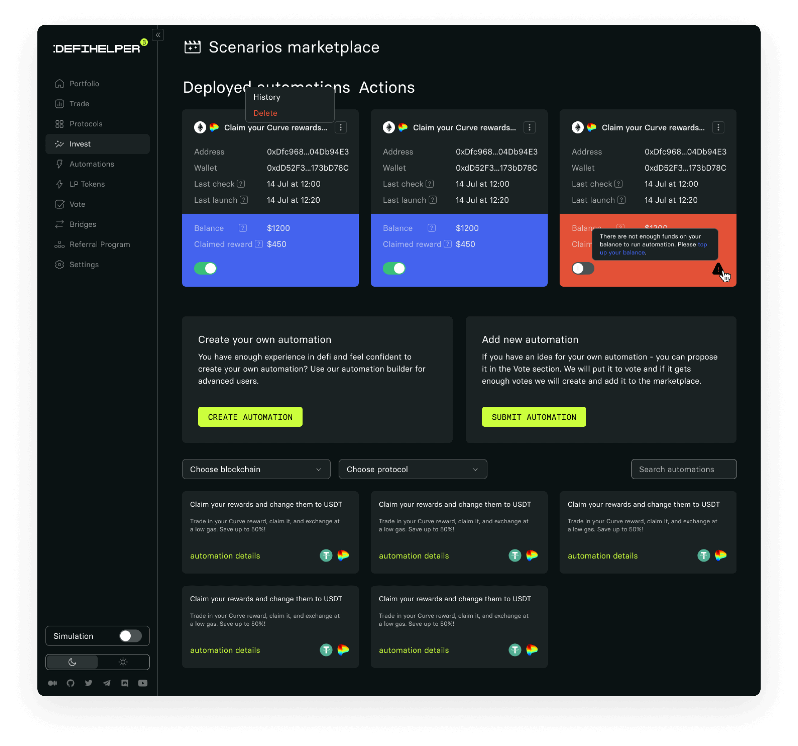 Defihelper scenarios marketplace with deployed automations, new automation cards, and automation actions.