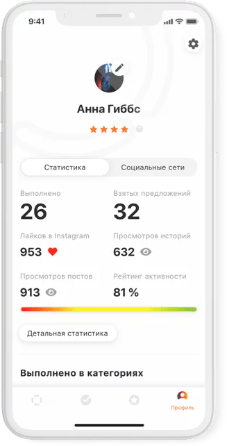 Shar App profile screen with activity statistics and trust signals.